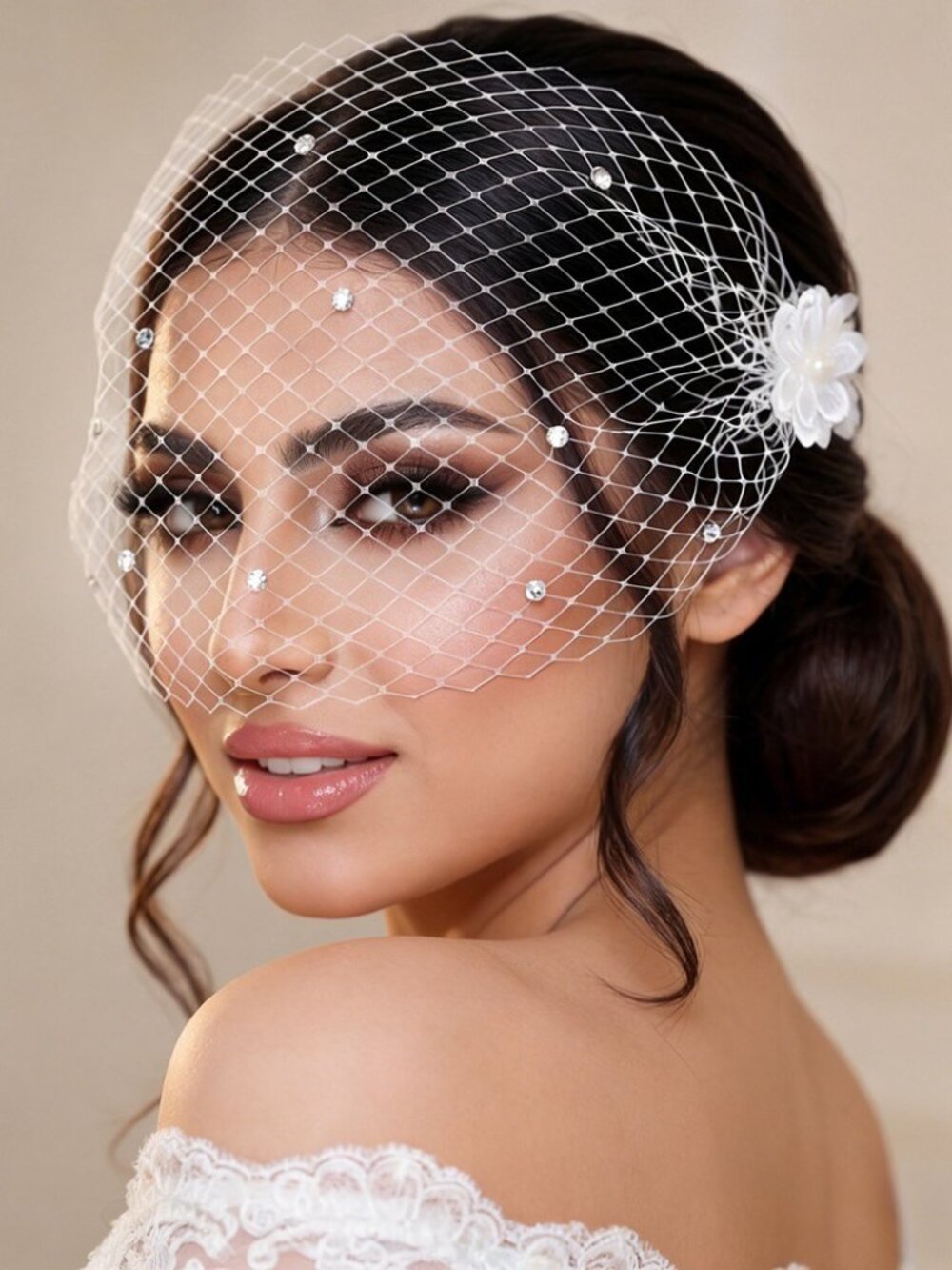 Retro French Netting Bridal Veil Pearl Crystal Flower Hairpiece 2p
